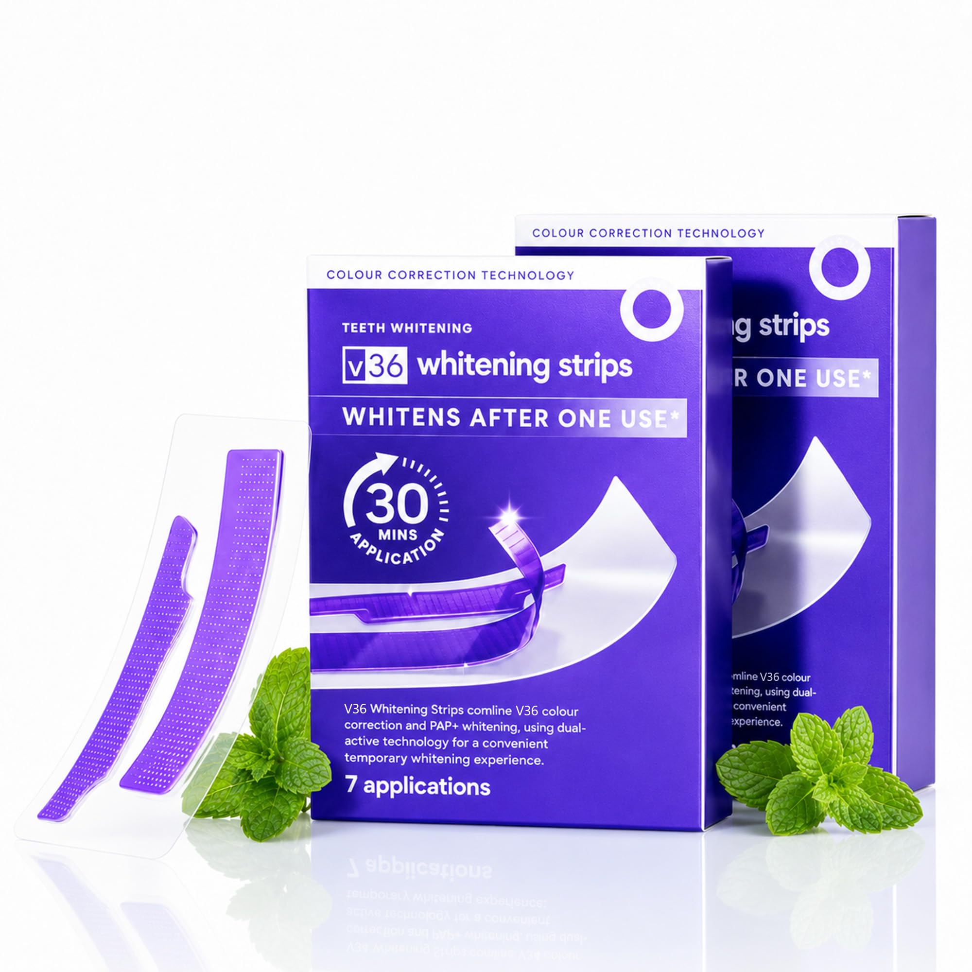 LLQ Purple Whitening Strips – two purple boxes with strips and mint leaves on white background