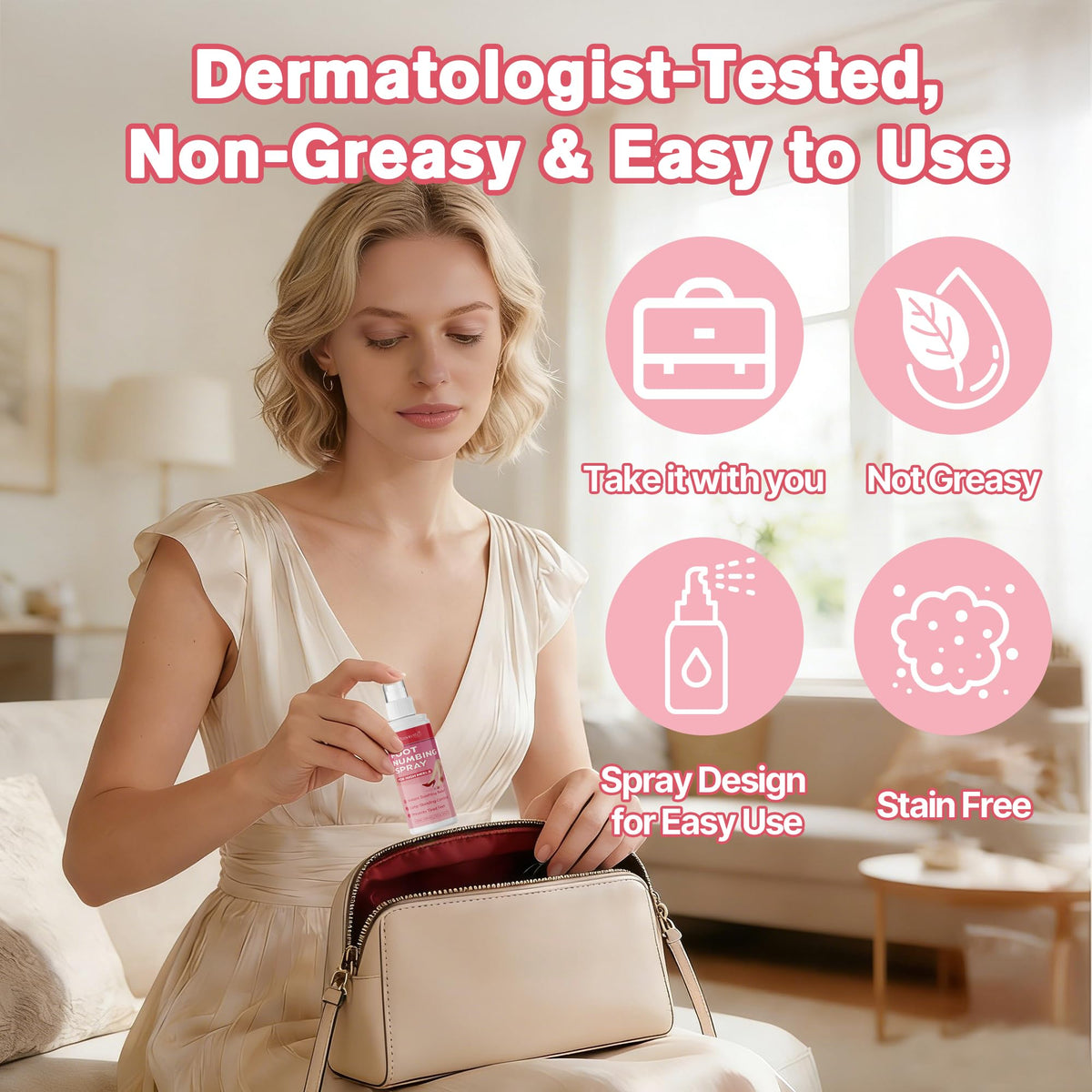 Qanoreth Foot Numbing Spray for high heels providing cooling relief, displayed in a clear bottle with a spray nozzle.