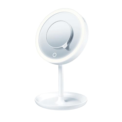 Beurer Illuminated 5X Vanity and Cosmetics Mirror, Touch Sensor Surface, Storage Tray, with Portable, Magnetic Magnifyin