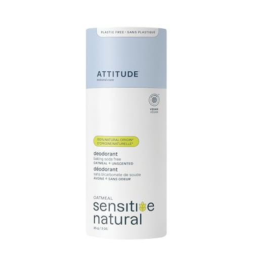 ATTITUDE Baking Soda Free Deodorant for Sensitive Skin with Oatmeal, EWG Verified, Aluminum Free, Plastic-Free, Unscente