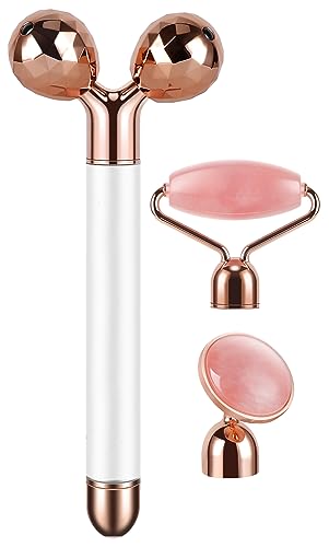 DANGSHAN 3-in-1 Electric Jade Roller 3D Roller Facial Roller & Face Massager, Rose Quartz – Metal
