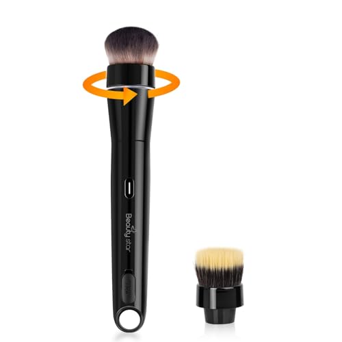 Beauty Star 360° Electric Makeup Brush with 2 Replaceable Brush Heads, 2 Adjustable Speeds, Fast and Even Makeup Applica