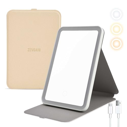 ZEVGANI Travel Lighted Makeup Mirror, 3-Color Dimmable LED Lighting, USB Rechargeable Light up Portable Tabletop Folding