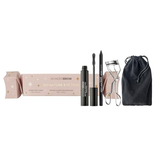 Wunderbrow Signature Eye Trio Festive Cracker, Holiday Gift Set, Includes Mascara, Black Eyeliner and an Eyelash Curler 