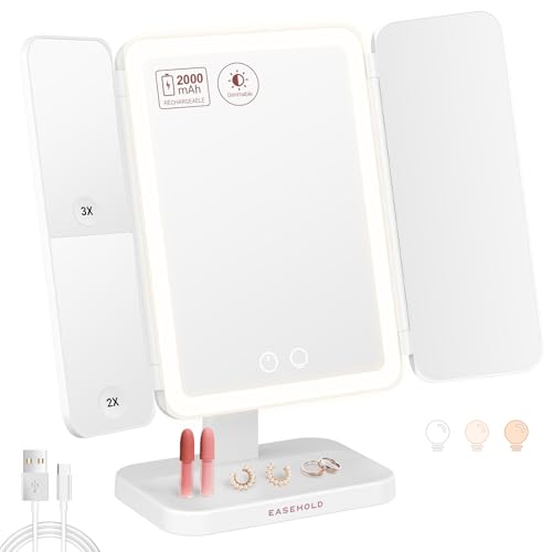 EASEHOLD 2000mAh Rechargeable Lighted Makeup Vanity Mirror, Foldable 64 LED – Cool White-2000 Mah Rechargable, Acrylonit