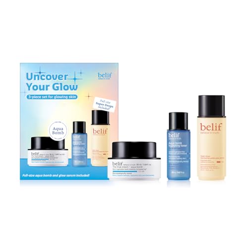 belif Uncover Your Glow Set - Aqua Bomb Toner and Moisturizer, Glow Serum – Cruelty Free, Full Size