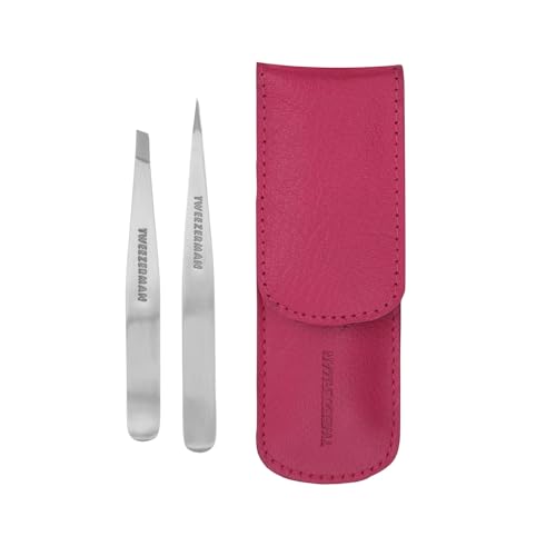Tweezerman Petite Tweeze Set for Eyebrows with Travel Case Pink Case – Pink, Leather