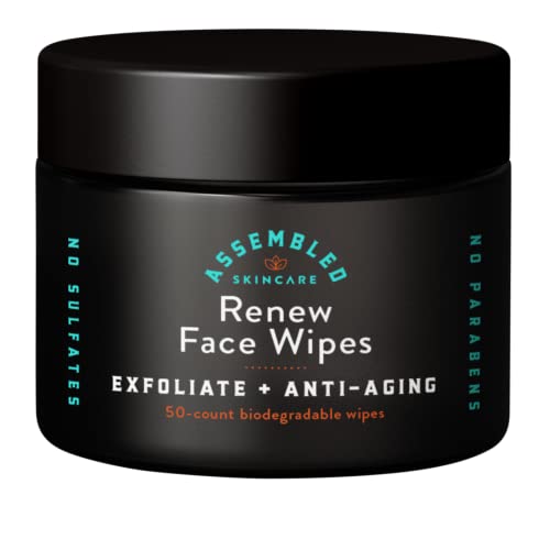 ASSEMBLED Renew Face Wipes, 50-Count (Pack of 1). Exfoliating, anti-aging, and pre-shave face wipes. – NO sulfates, NO p