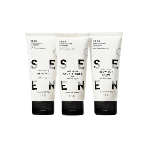 SEEN Travel Trio, Fragrance Free - Non-Comedogenic Blow-Out Hair Cream, Shampoo & Conditioner Set - Dermatologist-Develo