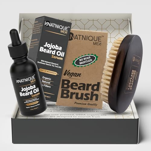 Natnique Beard Care Gift Set – Organic Jojoba Beard Conditioner with Vitamin E & Tea Tree + Vegan Beard Brush – Natural 