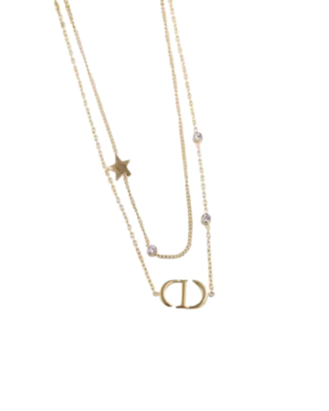RZLDZL Exquisite Gold with Diamond Accents D Letter Double Chain necklace, star charm, Female Personalized, Fashionable 
