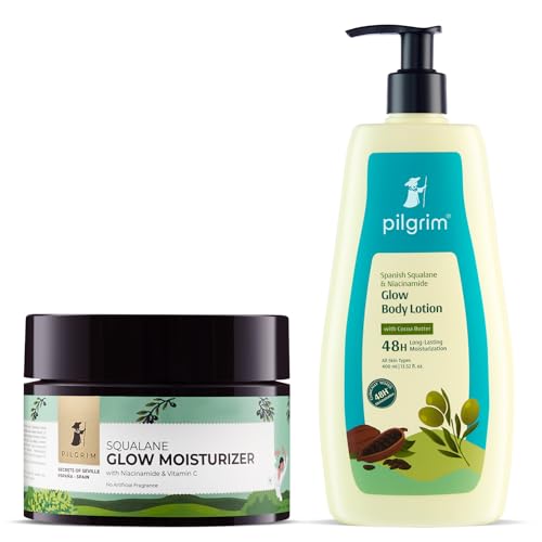 Pilgrim Spanish Squalane Glow Combo| Glow Moisturizer (25g) & Squalane Body Lotion (200ml) | Hydrates, Brightens & Softe