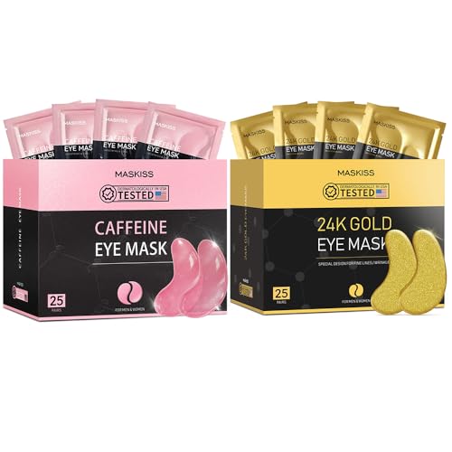 Maskiss 24k Gold Under Eye Patches & Caffeine Eye Masks, Collagen Eye Patches for Dark Circles Undereye Bags Wrinkles an
