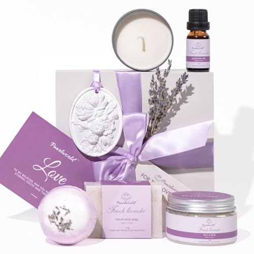 PEARLWORLD Lavender Spa Set for Women, Bath Set Self Care for Women, Nourishing 7 Piece Home Spa Set, Birthday Gift and 