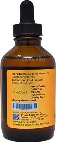 PRIME NATURAL Organic Marula Oil, Pure, Cold Pressed, USDA - Product Imagery