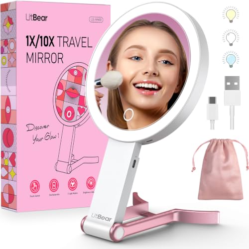 LitBear Travel Makeup Mirror with Lights, Rechargeable Double-Sided 10X/1X Magnifying Mirror, Portable Lighted Beauty Mi