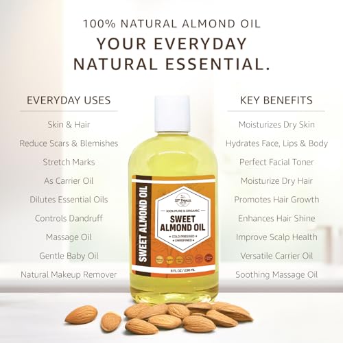 ORGANIC SWEET ALMOND OIL (16 oz) Premium Cold Pressed Unrefined - Product Imagery