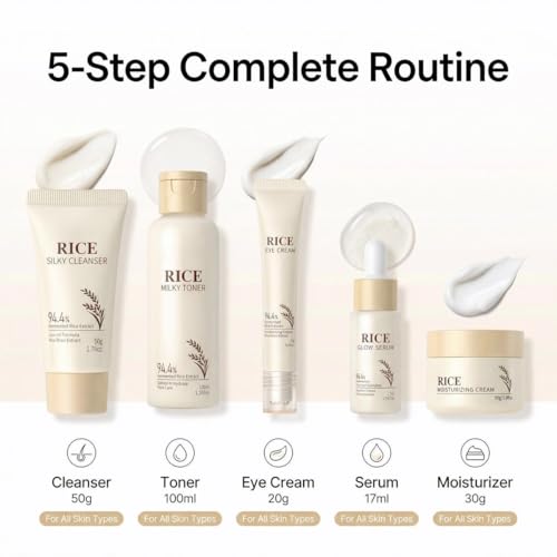 Korean Skin Care Set with Rice, 5-Step Facial Kit for Women - Product Imagery