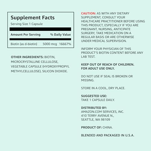 Amazon Elements Vegan Biotin 5000 mcg, Support for Hair, Skin, - Product Imagery