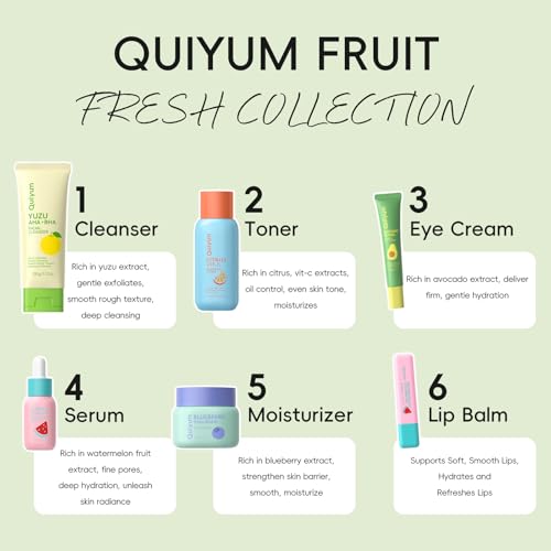 QUIYUM Fruit Skin Care Sets for Teen Girls, 6 Daily Routine - Product Imagery