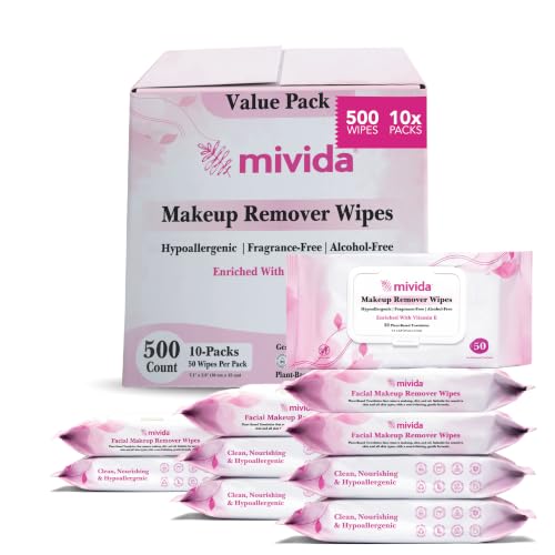 mivida Professional Makeup Remover Wipes Bulk Case | 500 Wipes (10 Packs x 50) | HRIPT Dermatologist Tested | Fragrance 