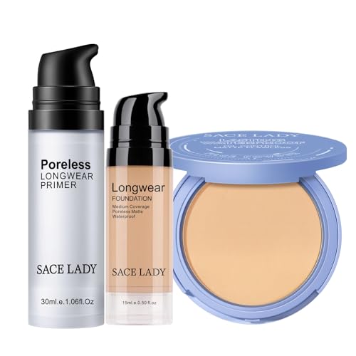 SACE LADY Smooth Primer and Flawless Foundation and Oil Control Face Powder, Long Lasting Coverage Waterproof Natural Co
