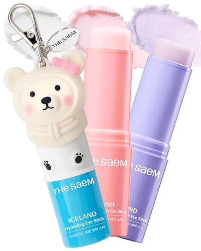 THESAEM Iceland Hydrating Eye Stick 3-Pack Set with Cute Bear Keyring - Cooling Trio Treatment for Dark Circles, Wrinkle