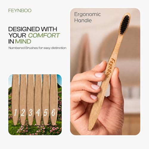 Bamboo Toothbrushes Hard Bristles 6 Pack - BPA Free Bristles - Product Imagery