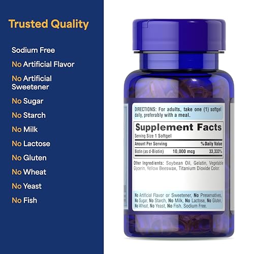 Puritan's Pride Premium Ultra Mega Biotin 10,000mcg, 100 Softgels - Product Imagery