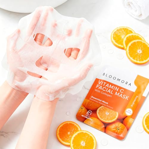 BLOOMORA 10 Pack Vitamin C + Collagen Face Mask Set, Vitamin C - Product Imagery