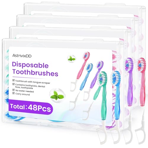 48 Pack 5-in-1 Mini Toothbrush Disposable, Prepasted Toothbrushes - Product Imagery