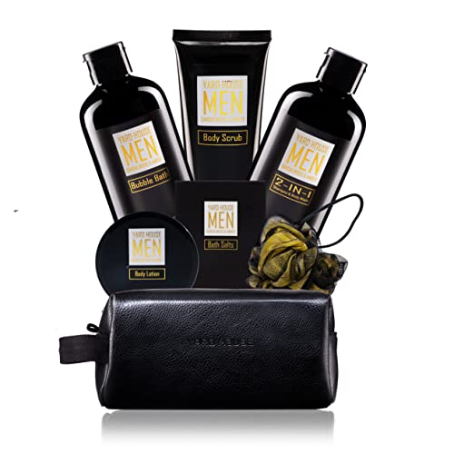 Yard House Bath and Body Spa Gift Baskets Set for Men - Sandalwood Amber - 7Pc Full Size Spa Kit in Toiletry Bag - Fathe
