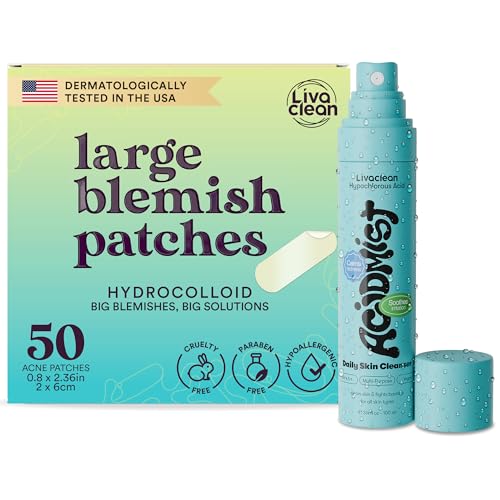 Livaclean 50 CT Large Hydrocolloid Acne Patches & Hypochlorous Acid Spray for Face & Body – Hydrocolloid, Large