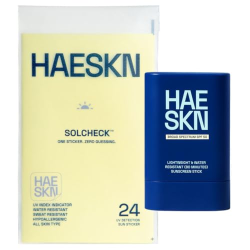 HAESKN Korean Sunscreen Stick SPF 50 Sunblock + SOLCHECK UV Stickers Bundle