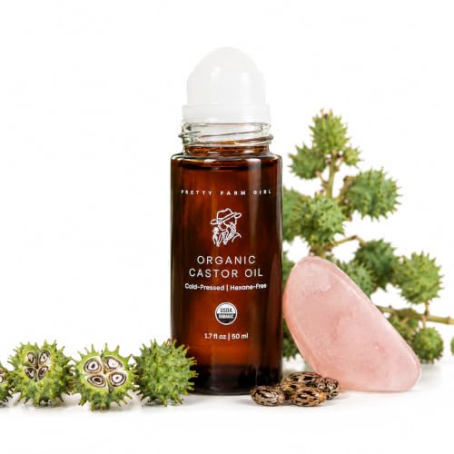 Pretty farm girl Organic Castor Oil Roller with Rose Quartz Roller Ball - 100% Pure Cold Pressed Hexane Free Roll On Cas