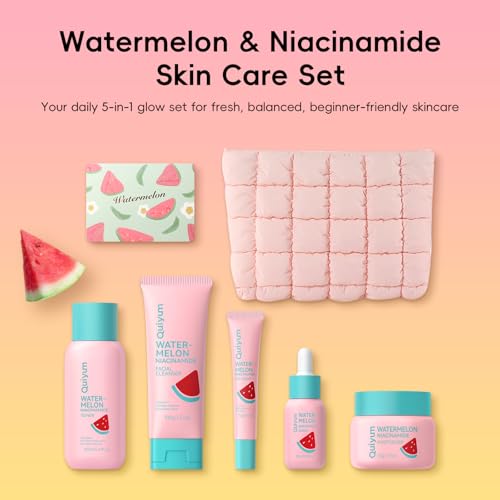 QUIYUM Watermelon & Niacinamide Skincare Set for Women Teens - Product Imagery