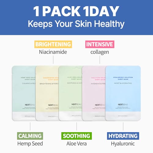 NEXTBEAU Solution Sheet Mask Variety Pack, 10 Count (5 Types x 2 - Product Imagery