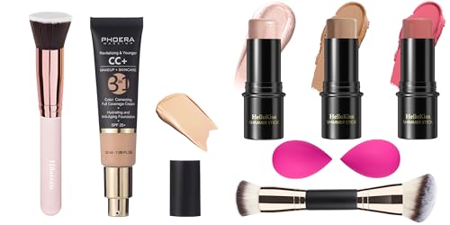Hilareco PHOERA CC Cream Foundation With SPF,PHOERA Full Coverage Foundation Color Correcting Cream,3 Pcs Cream Contour 