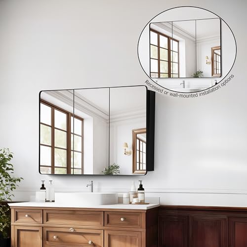 Basicwise 3-Door Aluminum Bathroom Medicine Cabinet, Round - Product Imagery