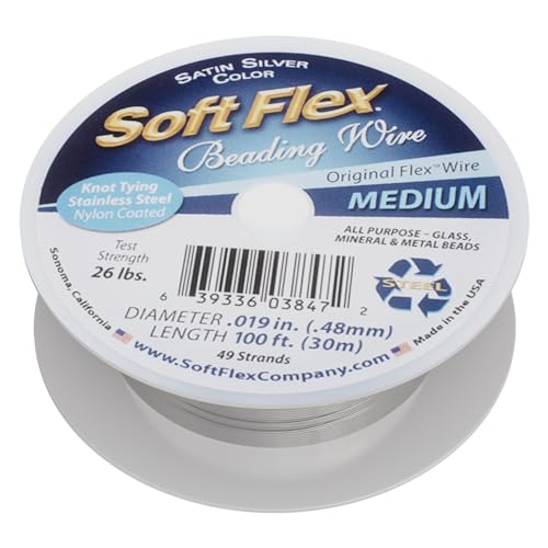 Soft Flex 49 Strand Beading Wire, Medium 0.019 Diameter, 100ft, Premium – Satin Silver, Stainless Steel
