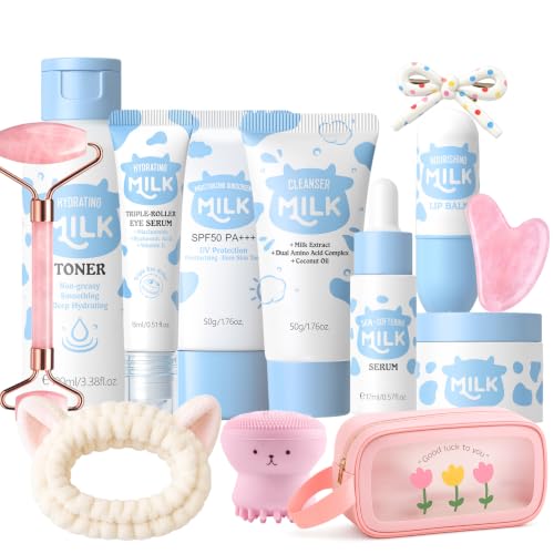 MrCuvaryas Milk Skincare Set for Kids - 13PCS Kids Face Care Kit with Toner, Cleanser, Cream, Serum, Sunscreen, Lip Balm