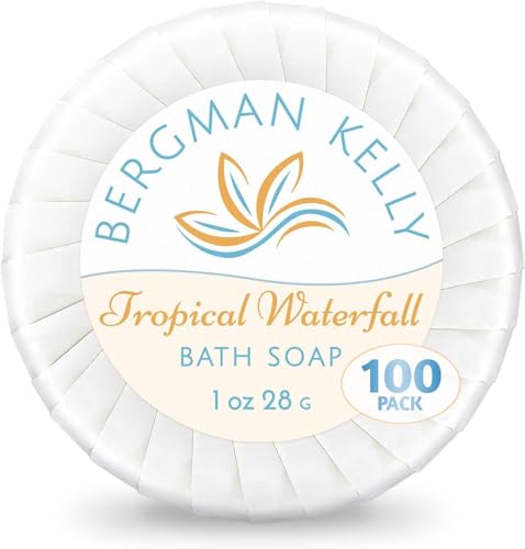 BERGMAN KELLY - Hotel Soap Bars in Bulk - Tropical Waterfall, 1 oz, 100 PK - Small Individually Wrapped Round Soap - Tra