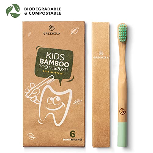 GREENZLA 6 Pack Kids Bamboo Toothbrush | Soft Charcoal Bristles - Product Imagery