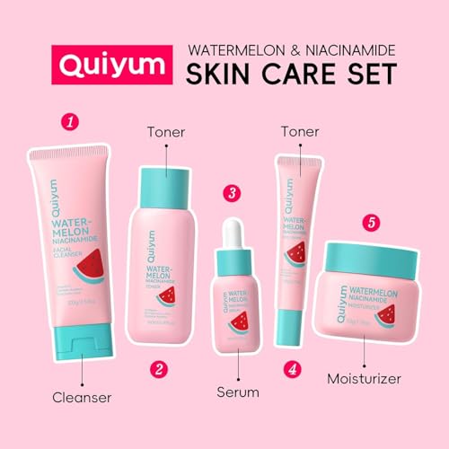 QUIYUM Watermelon & Niacinamide Skincare Set for Women Teens - Product Imagery