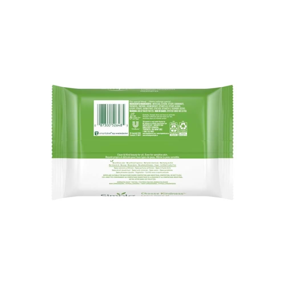 Simple Kind to Skin Cleansing Wipes Micellar 4 Count Gentle and Effective Makeup Remover Free From Color and Dye, Artifi