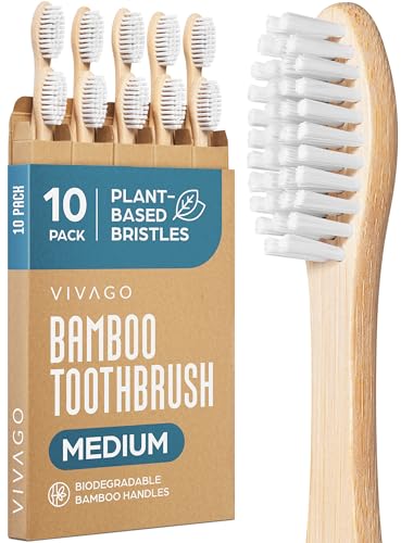 VIVAGO Bamboo Toothbrushes 10 Pack – Plant-Based Medium Bristles - Product Imagery