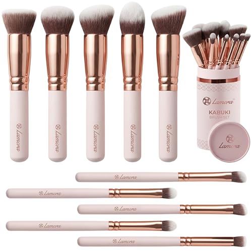 Lamora Kabuki Makeup Brush Set - 10 Essential Face, Eye, Precision Brushes – Rose, Synthetic, 10 Piece Set