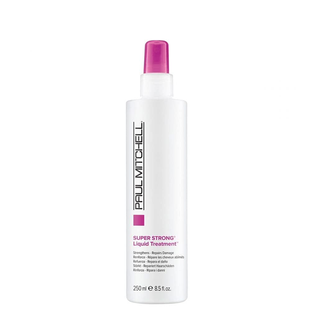 Paul Mitchell Super Strong Liquid Treatment conditioner for damaged hair, showing the 8.5 fl oz bottle with applicator tip.