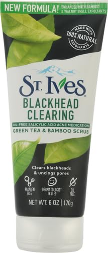 St. Ives Blackhead Clearing Face Scrub with green tea and bamboo, showing the 6 oz bottle and natural exfoliants in the image.