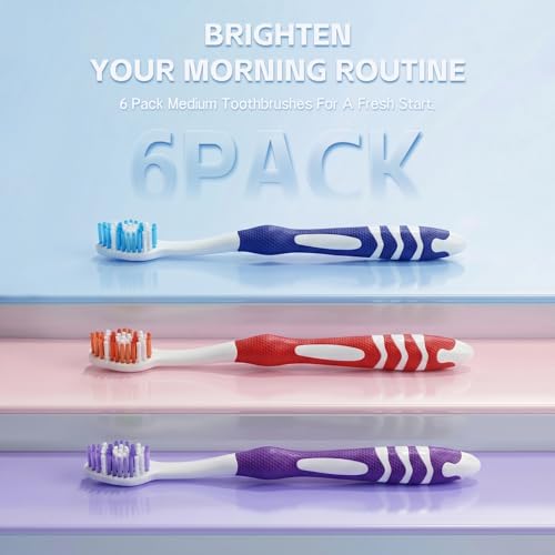 Manual Medium Toothbrushes 6 Pack for Adults with Tongue Cleaner - Product Imagery